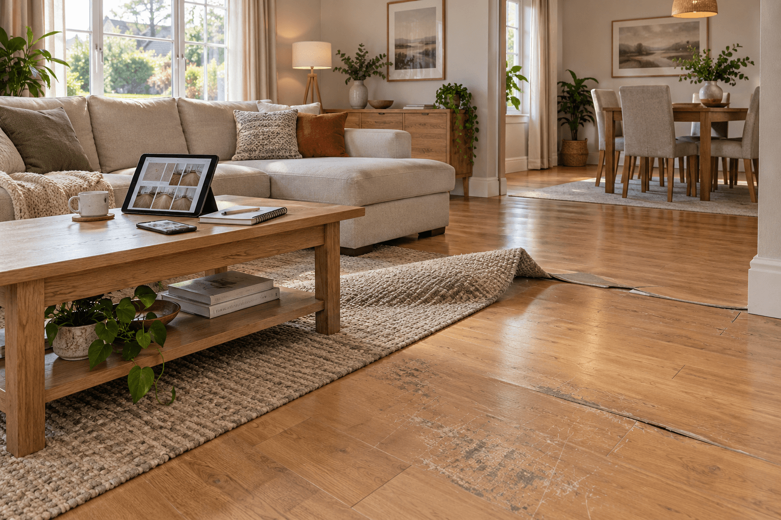Worn hardwood floor in a living room before replacement