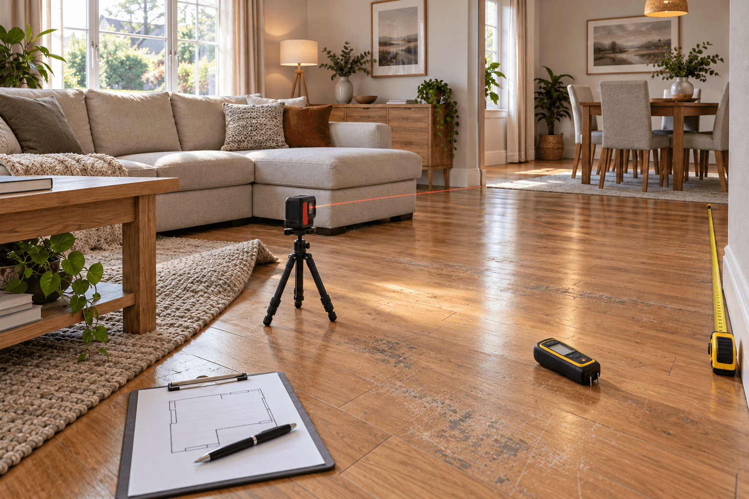 Laser measure and floor plan set up during a flooring site review