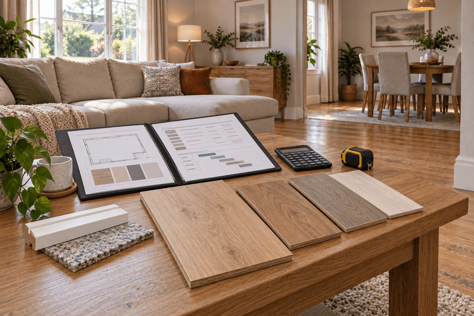 Flooring samples and a proposal laid out on the coffee table