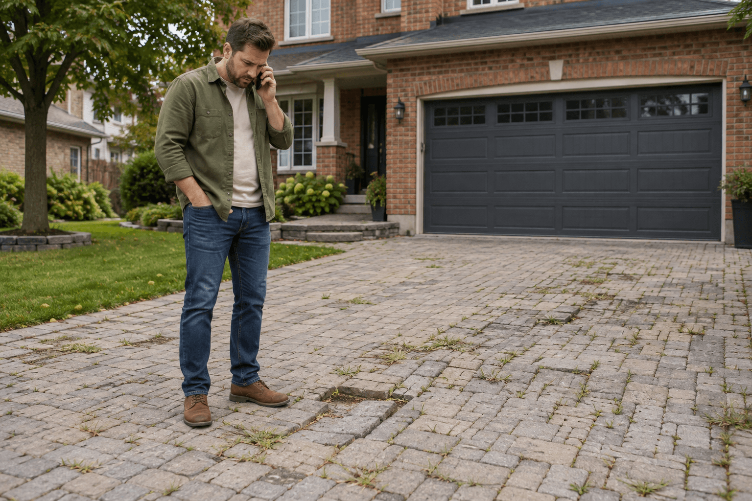 Homeowner on the phone standing on a sunken, weedy interlock driveway