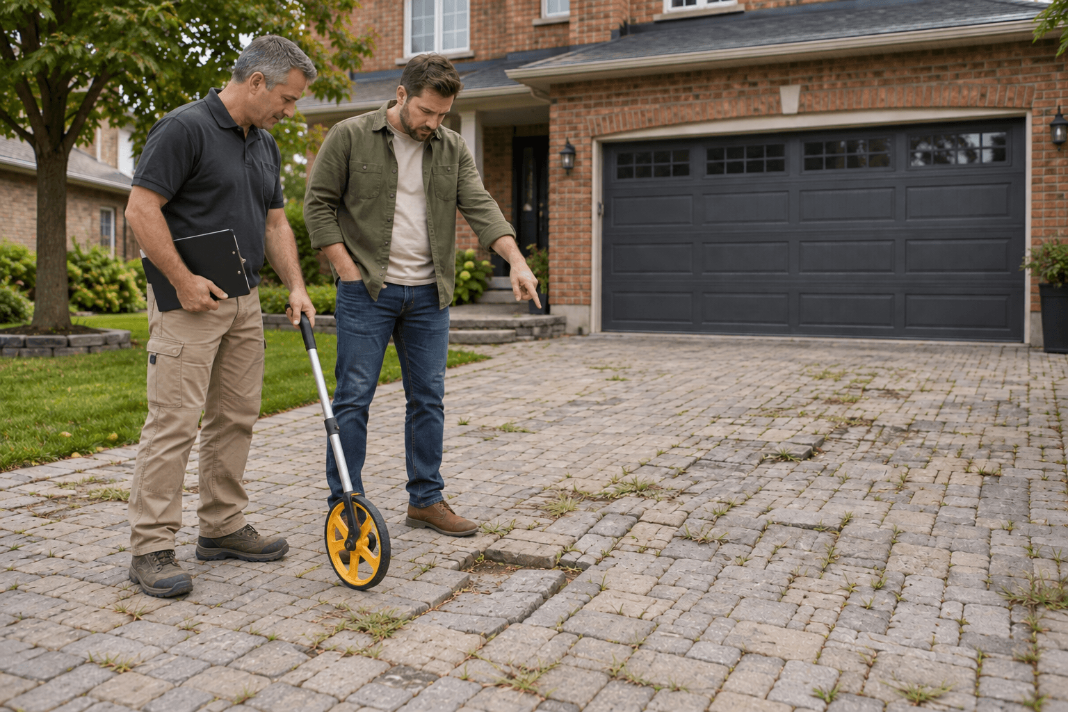 Team member measuring the damaged driveway with a measuring wheel during a site review