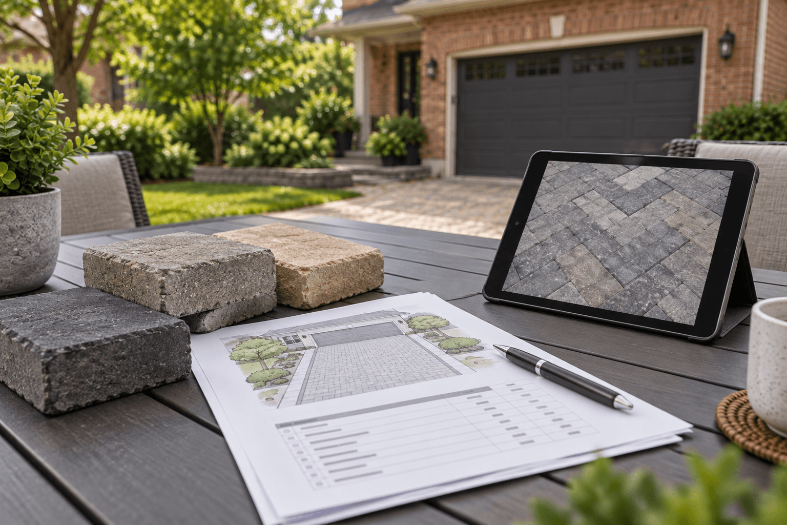 Paver samples, a driveway plan and a herringbone pattern on a tablet laid out on a patio table