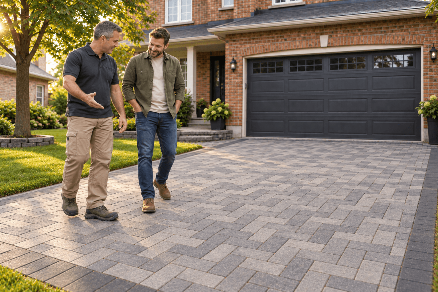 Walking the homeowner across the finished herringbone interlock driveway