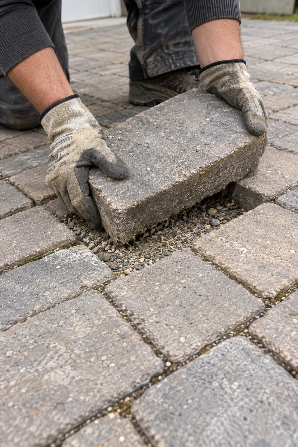 Gloved hands lifting a sunken paver to relevel it over the gravel base