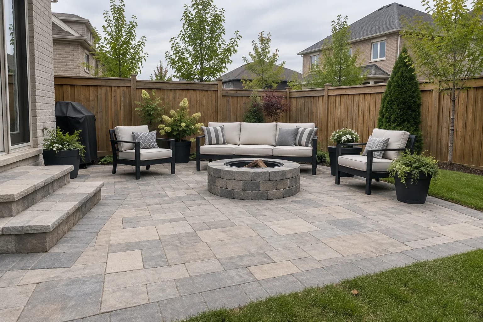 Backyard interlock patio with outdoor seating around a stone fire pit