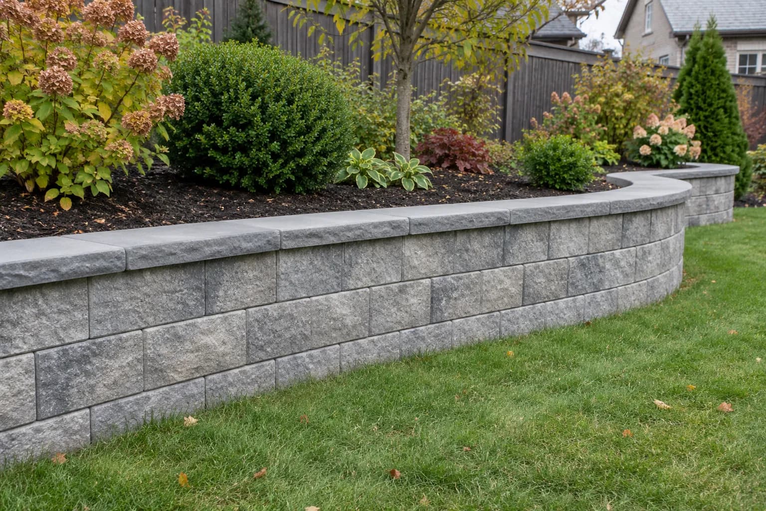 Curved stone retaining wall with cap stones holding a planted garden bed