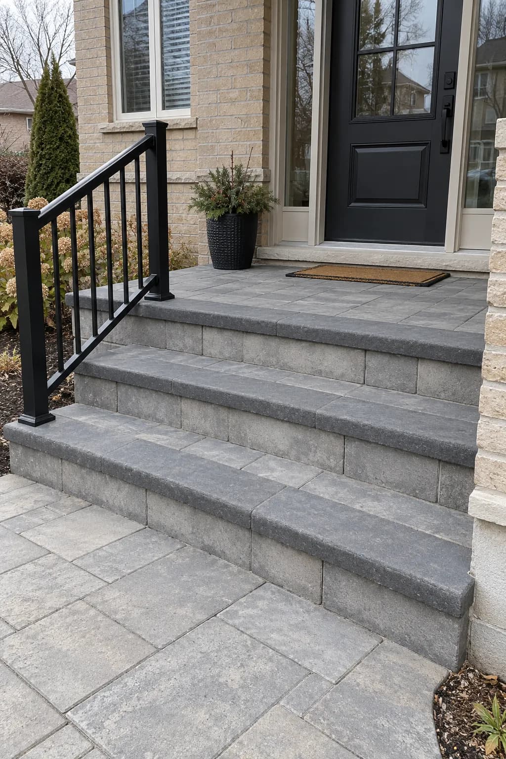 Interlock front steps and landing with a black metal railing