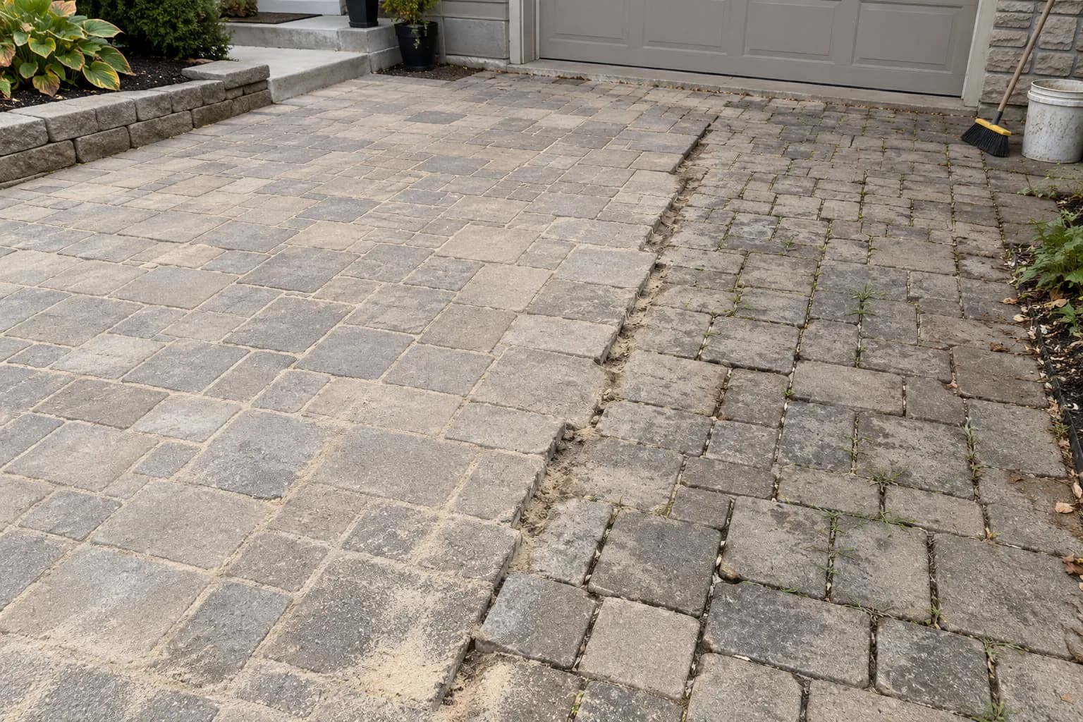 Driveway half releveled with fresh joint sand beside the old sunken, weedy section