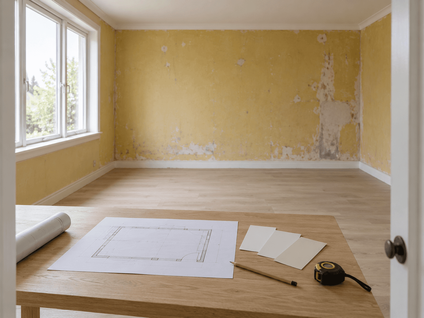 Room plan, tape measure and samples laid out during a drywall site review