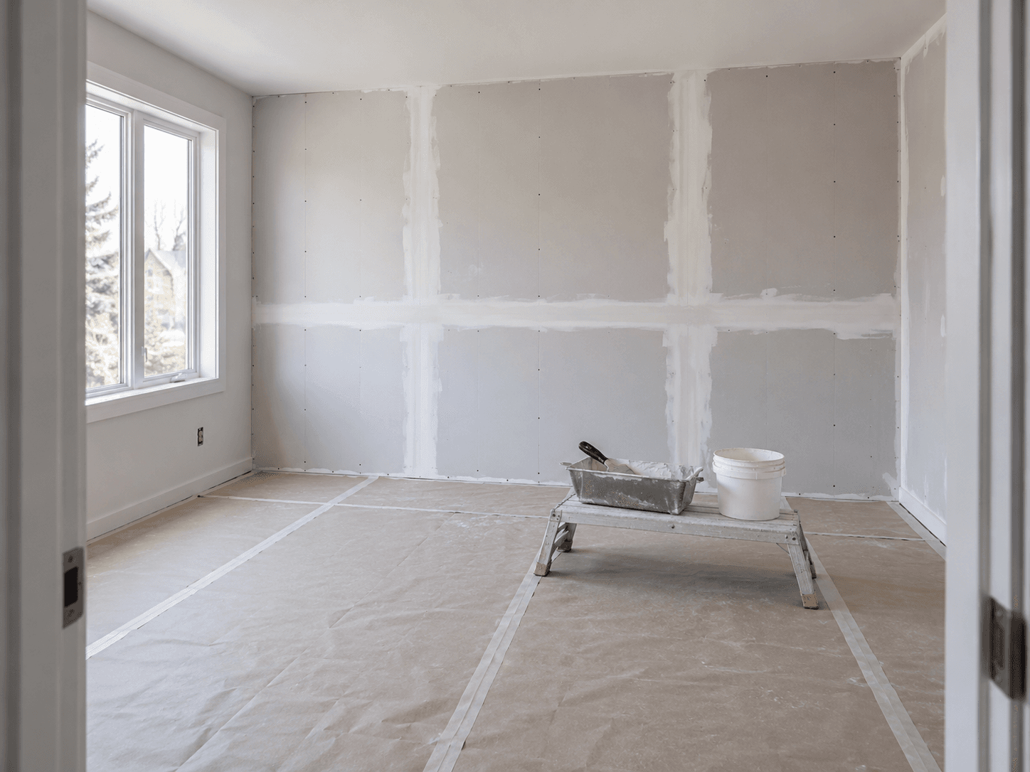 New drywall hung and taped, with mud tray and bucket on a step bench