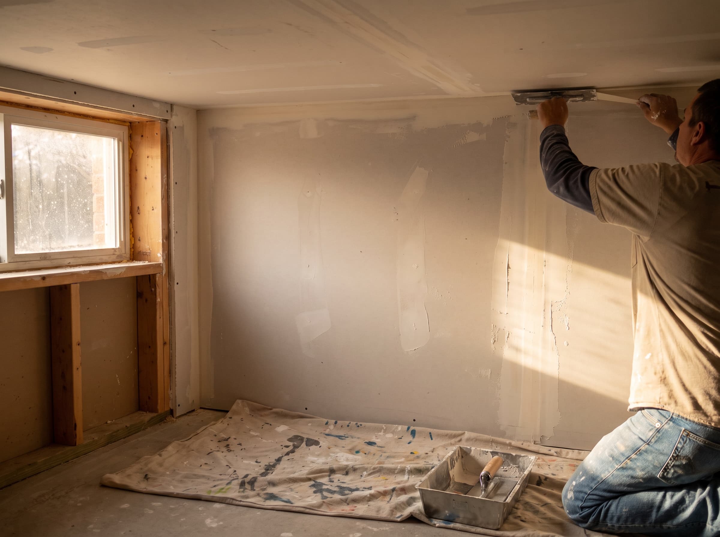 Freshly hung and taped drywall ceiling and wall in a basement under construction