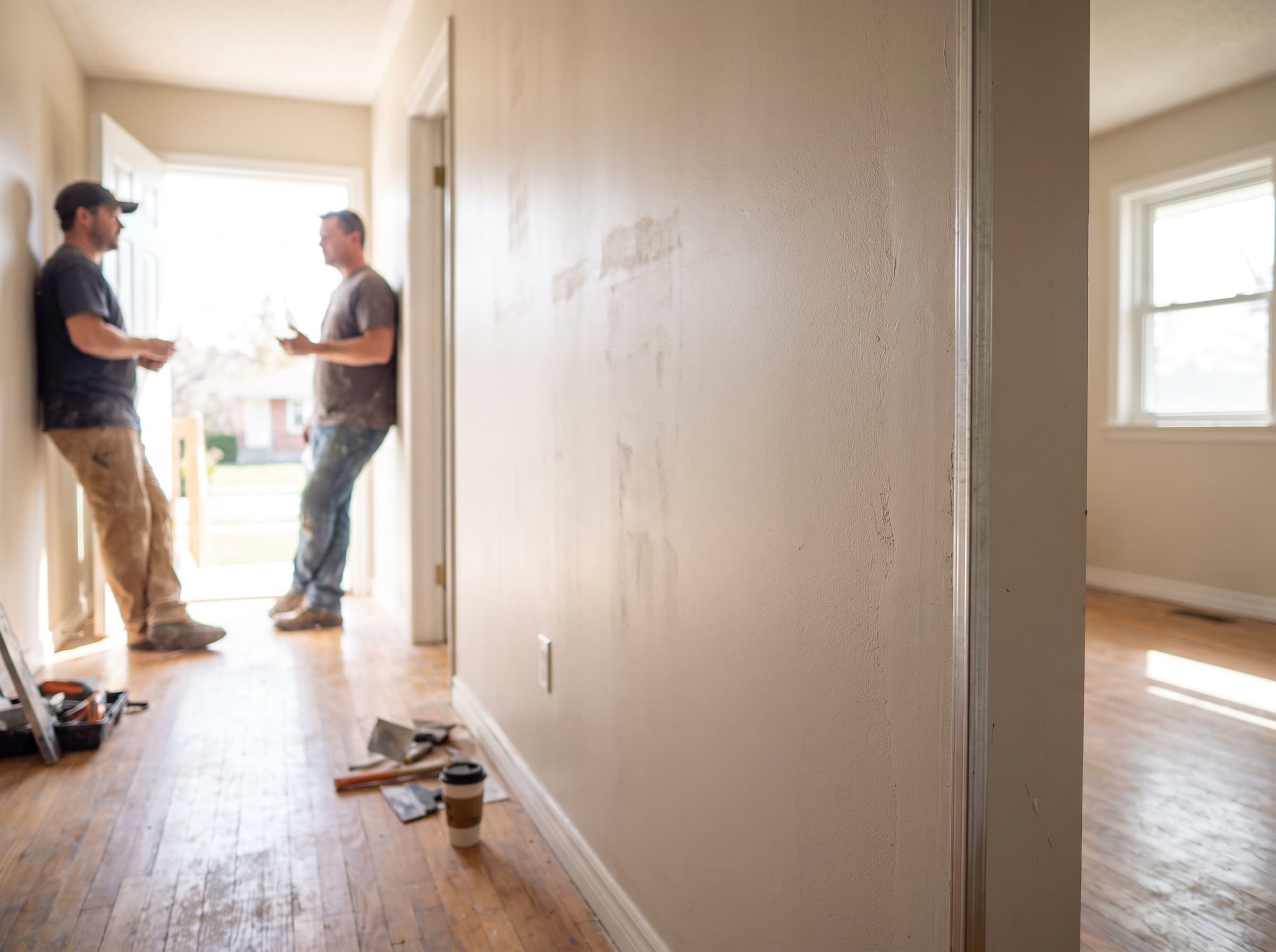 Finished drywall hallway with clean corner bead and smooth painted walls