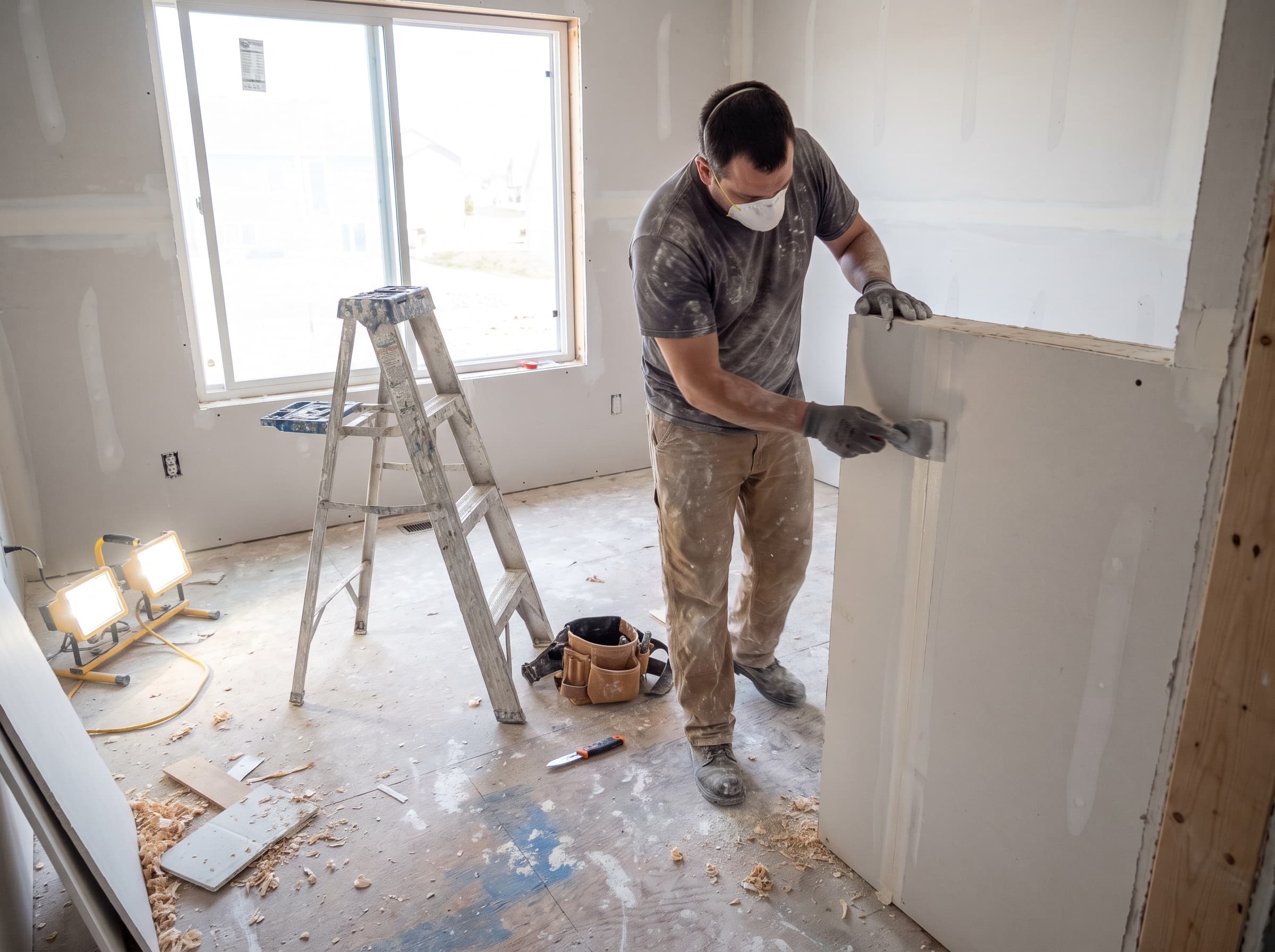 Drywall installer taping and finishing seams on a new interior wall