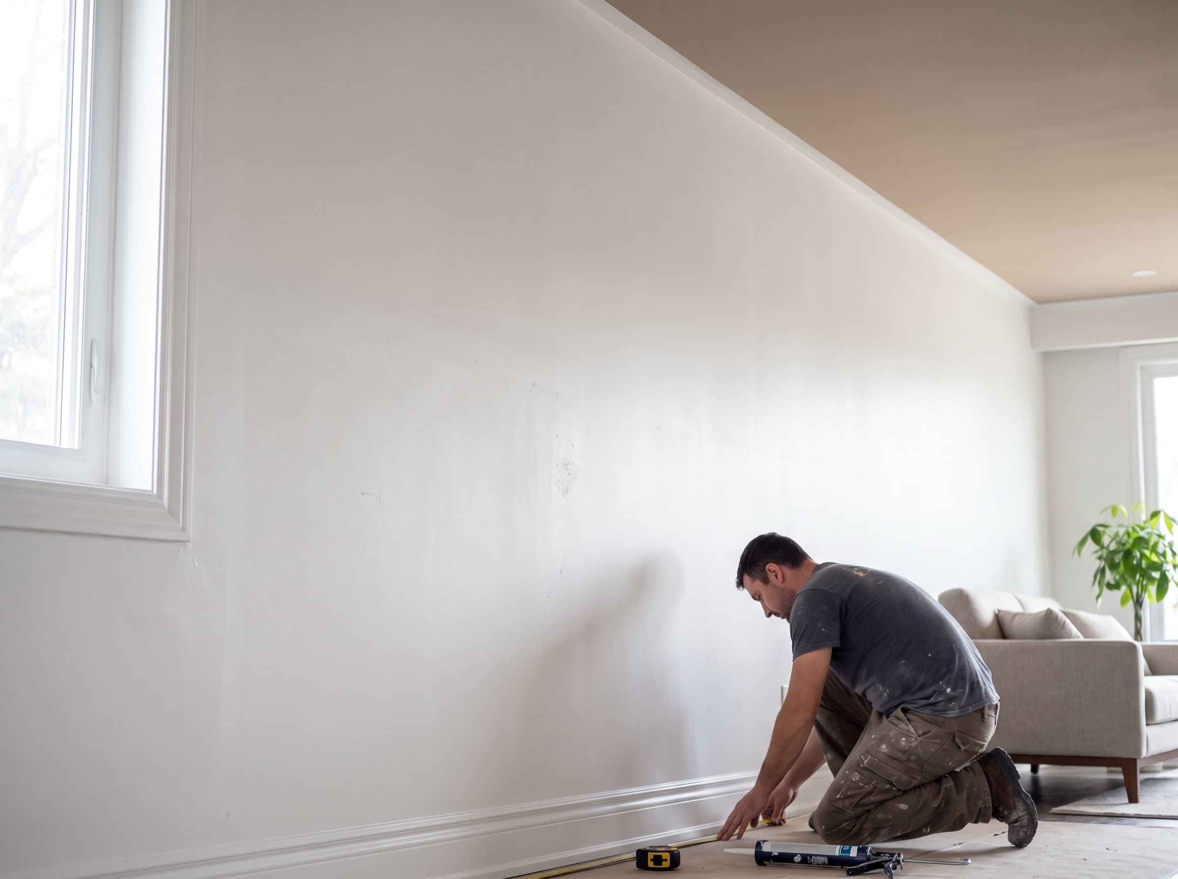 Smooth, freshly painted drywall wall and ceiling line in a bright living room