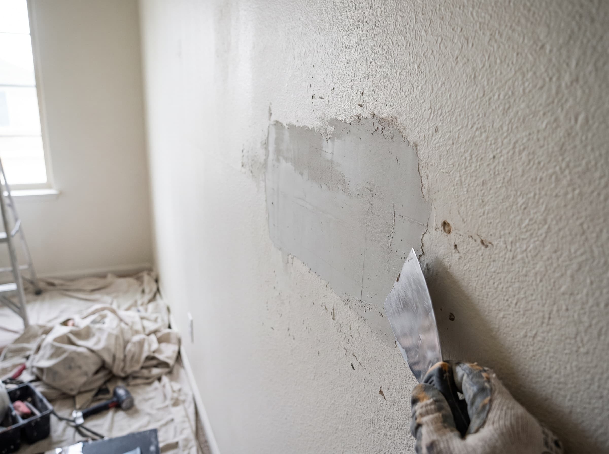 Texture-matched drywall patch blending into the surrounding wall before final paint