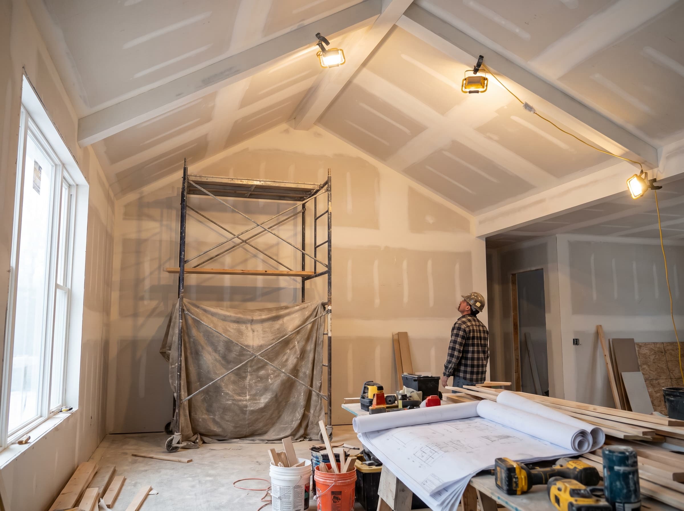 Vaulted ceiling drywall installed and sanded in a new home addition, scaffolding set up for finishing work