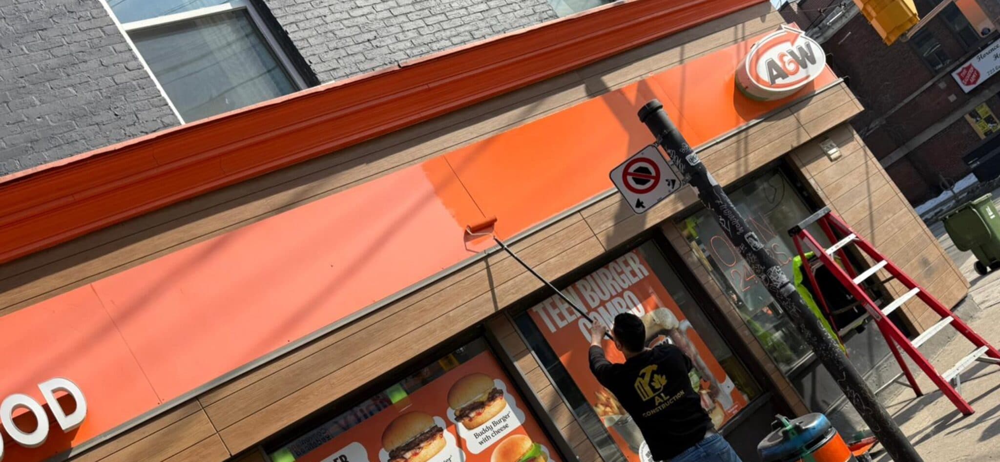 AL Construction painter rolling fresh orange paint on a restaurant storefront fascia
