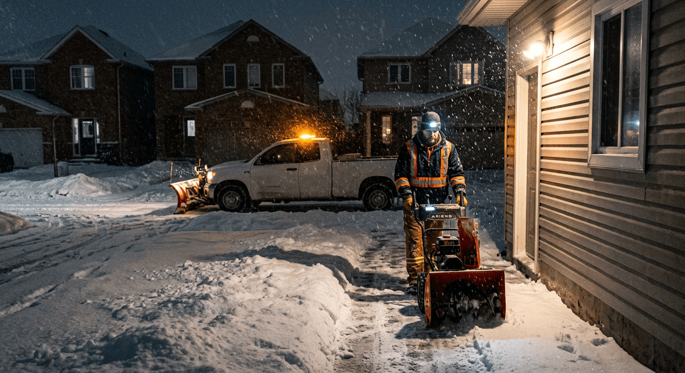 Snow blower clearing a walkway at night beside a plow truck