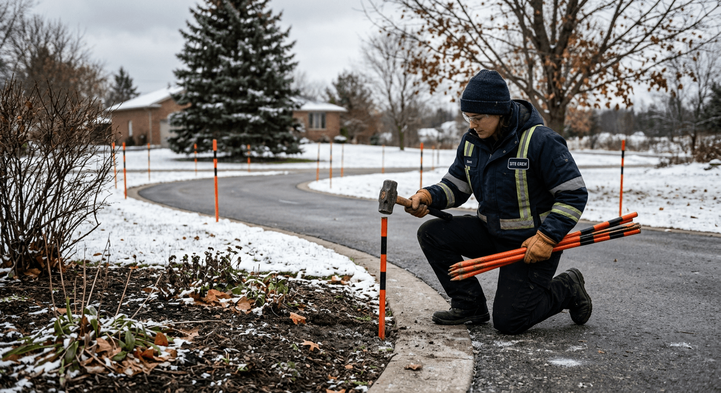 Crew member hammering orange snow stakes along a driveway edge before winter