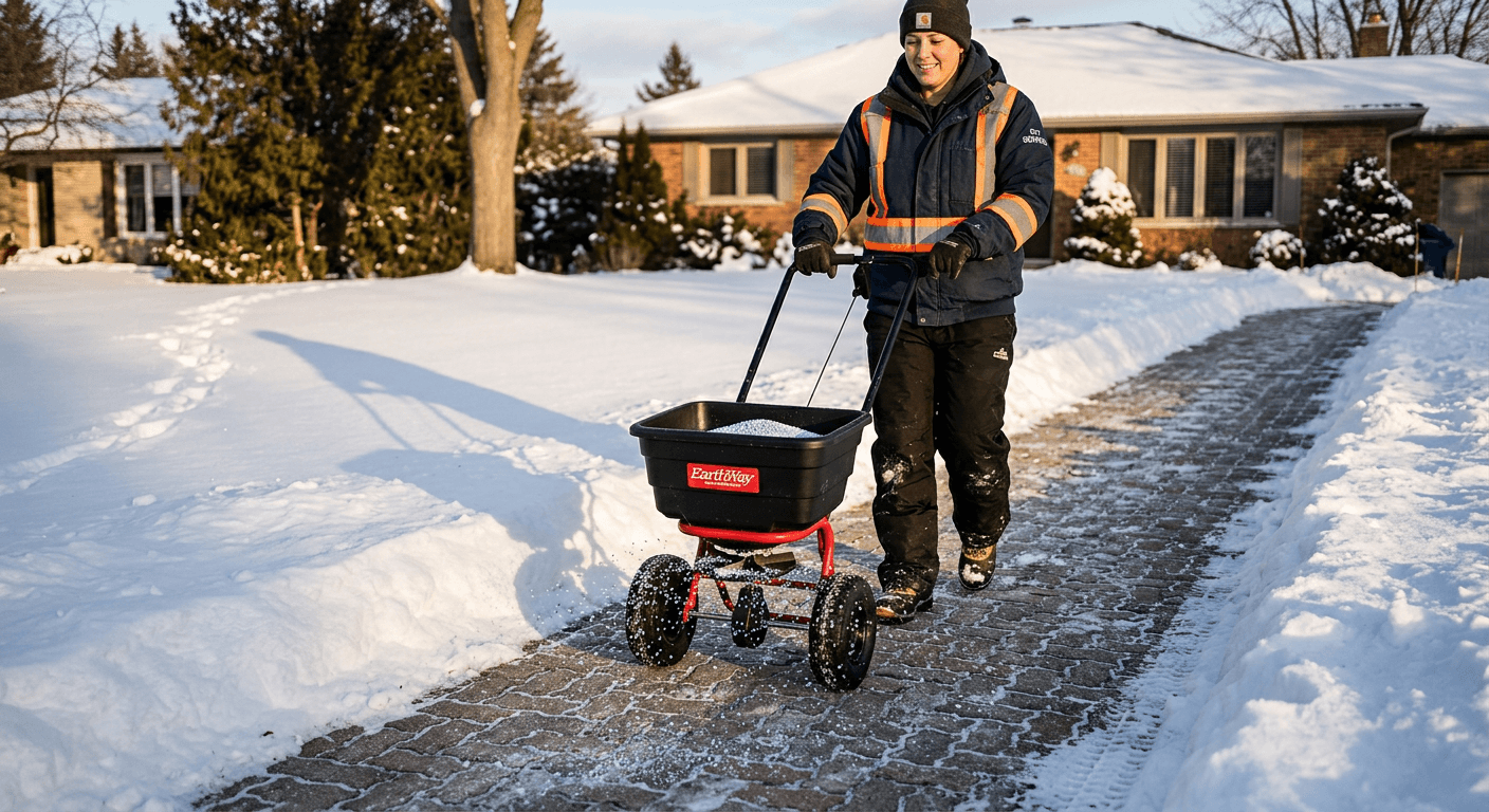 Spreading salt on a cleared interlock walkway