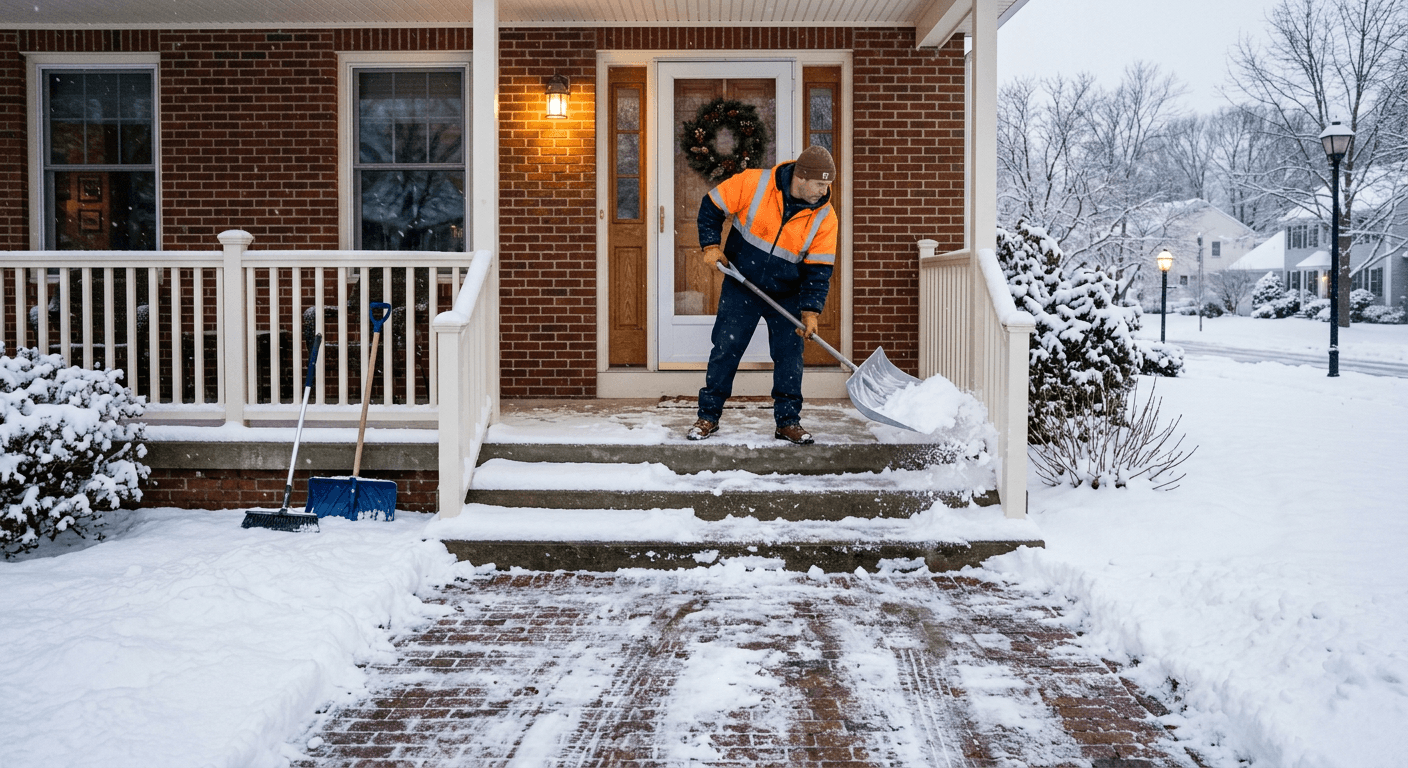 Shovelling snow from a front porch and steps