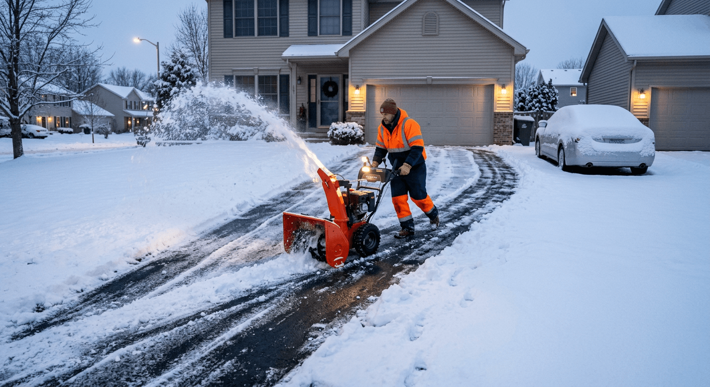 Crew member clearing a residential driveway with a snow blower at dusk