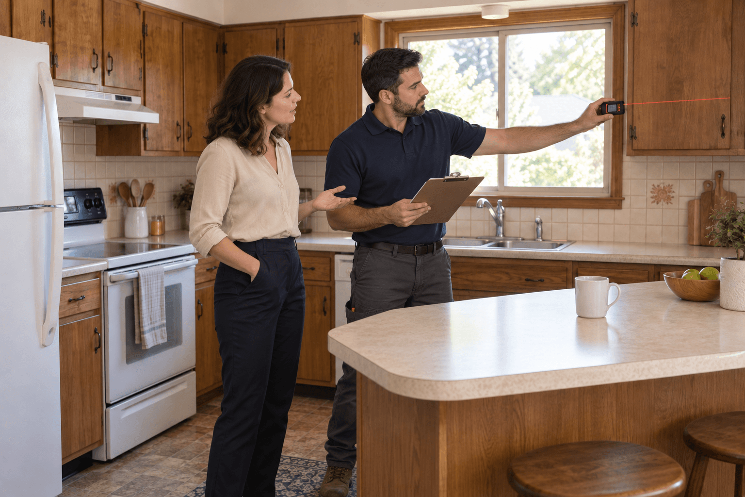 Team member measuring the kitchen during a site review