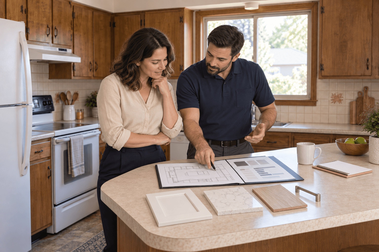Reviewing renovation plans and material samples at the kitchen island