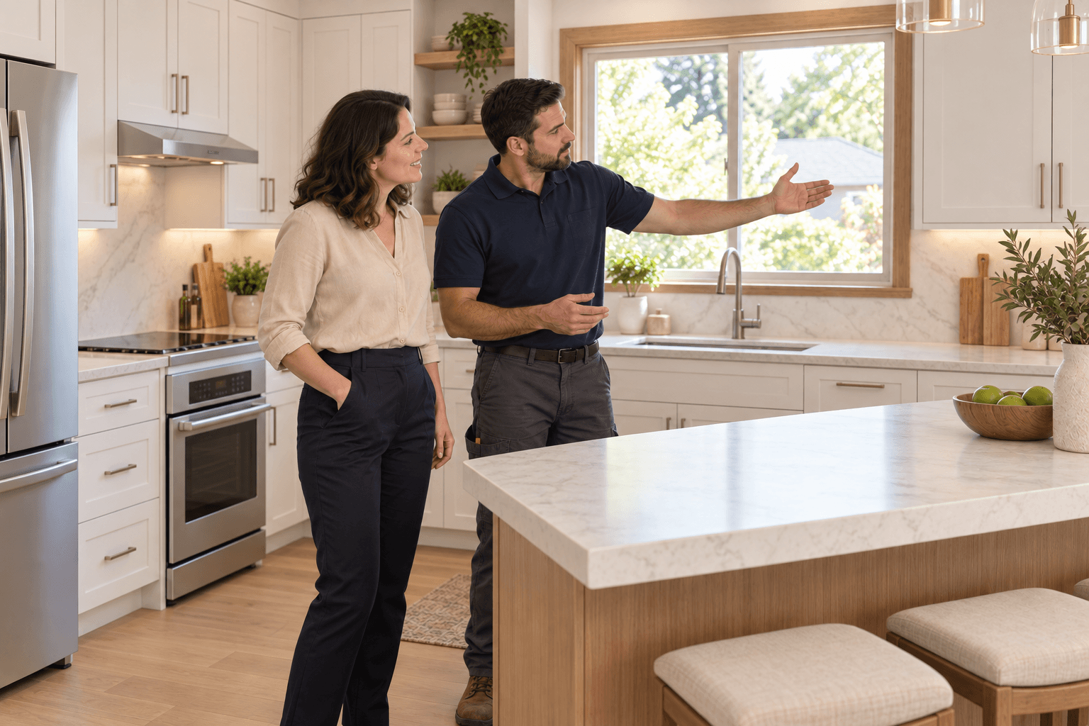 Walking the homeowner through the finished kitchen renovation