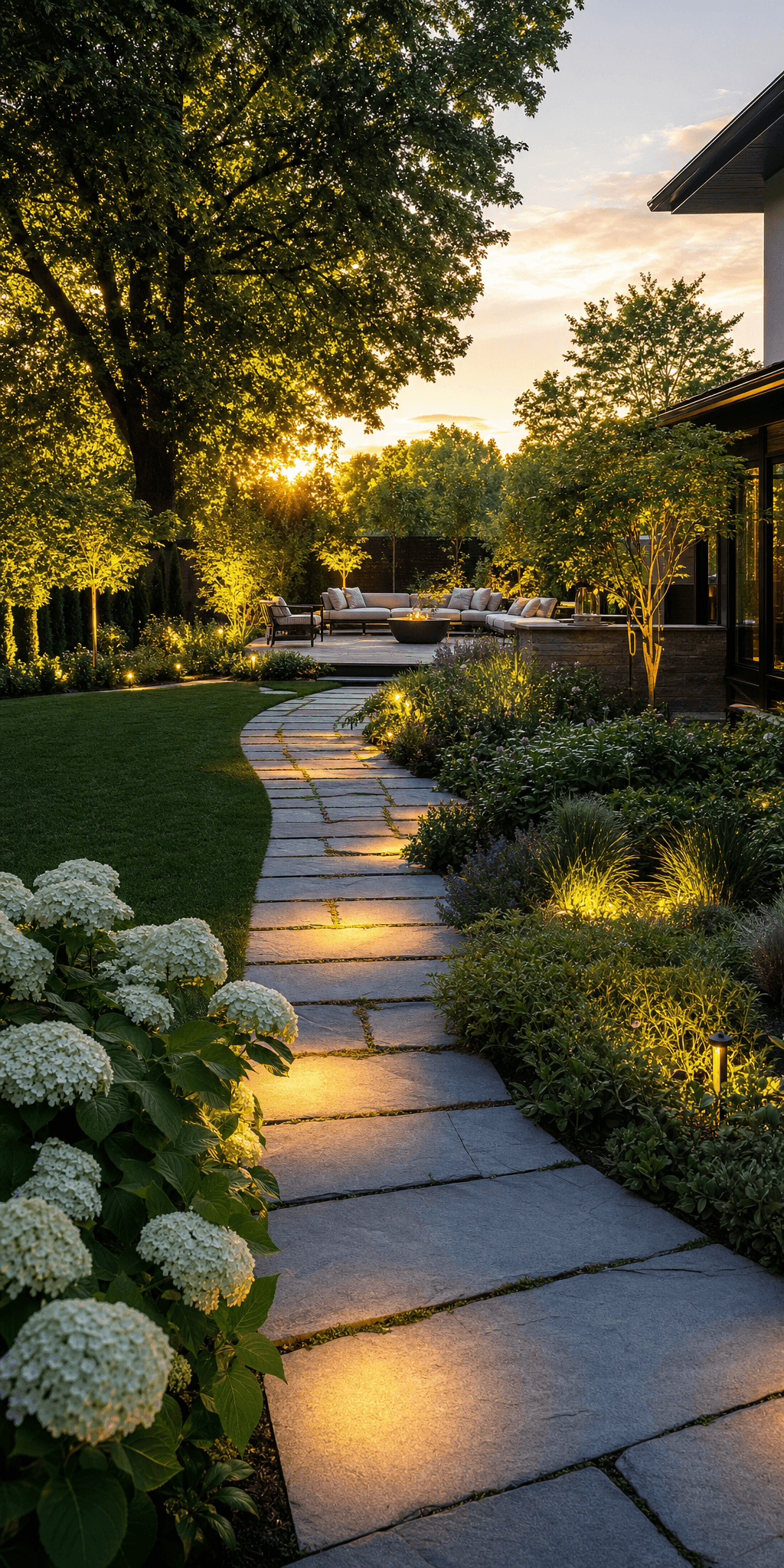 Lit stone garden path through planted beds at sunset