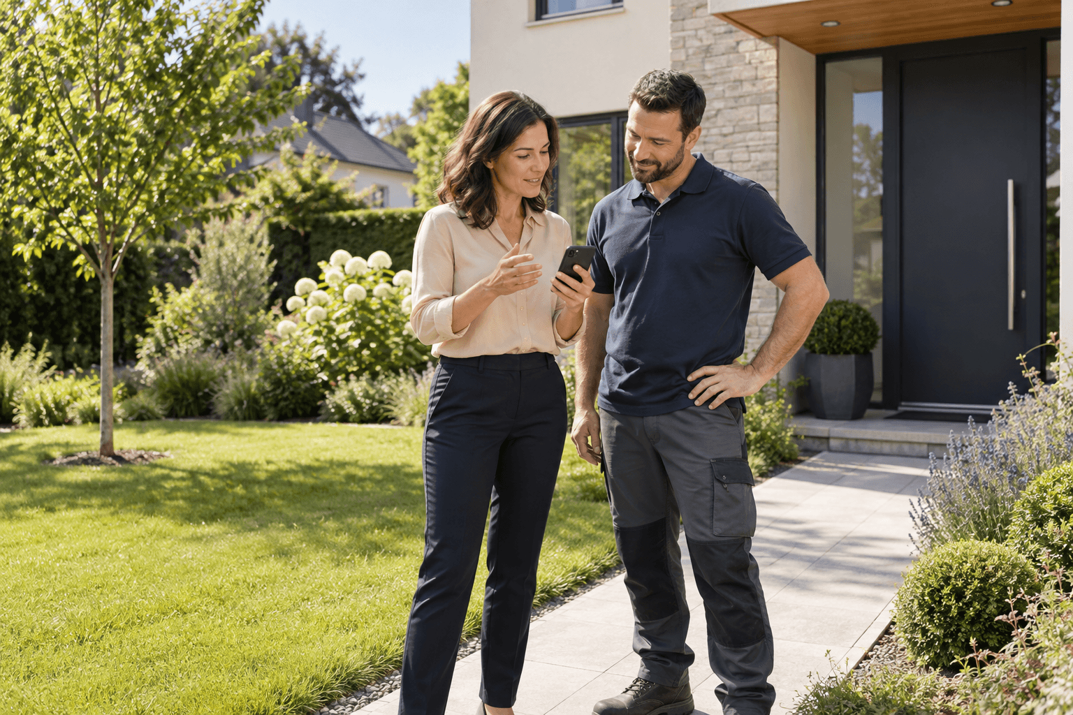 Homeowner describing her project to an AL Construction team member outside her home
