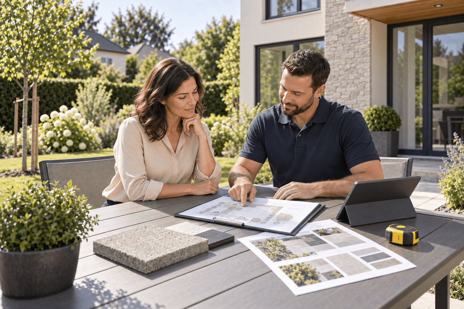 Reviewing landscape plans and material samples with the homeowner