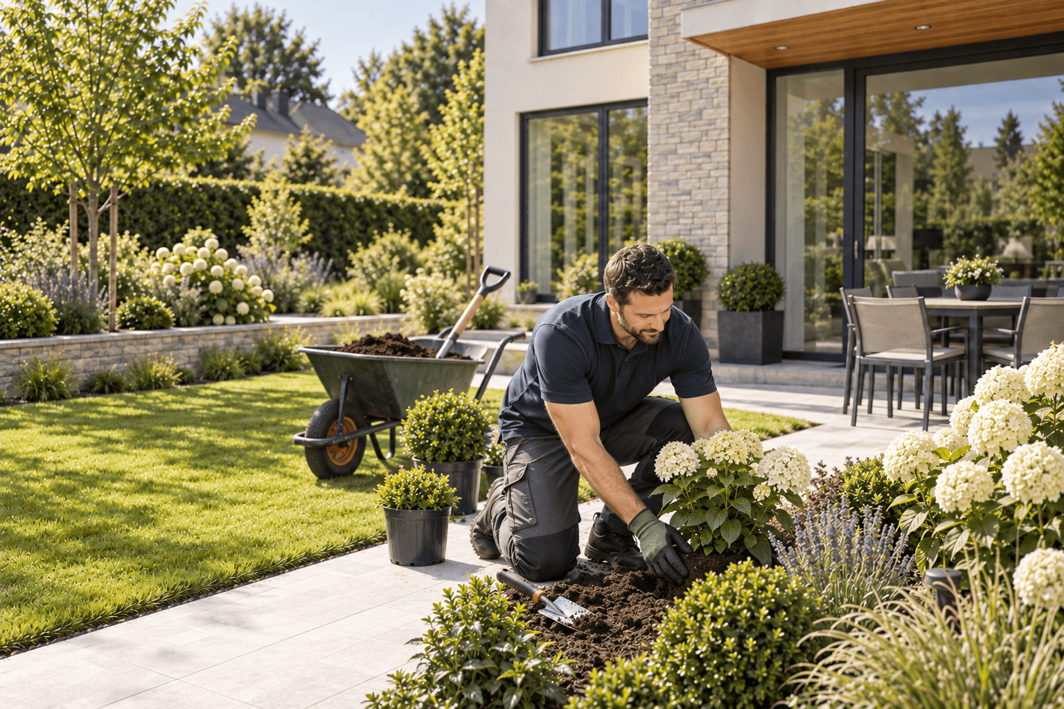 Team member planting a finished garden bed beside the patio