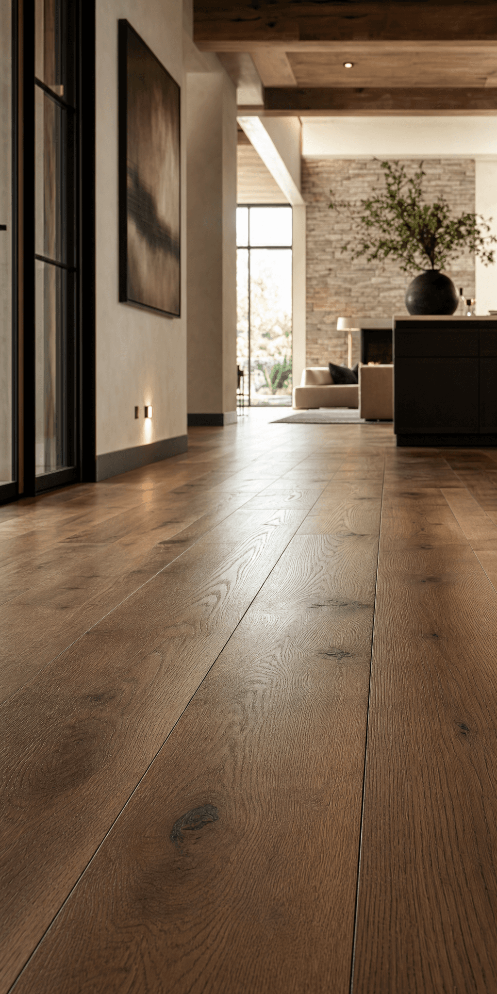 Wide-plank oak flooring through an open living space